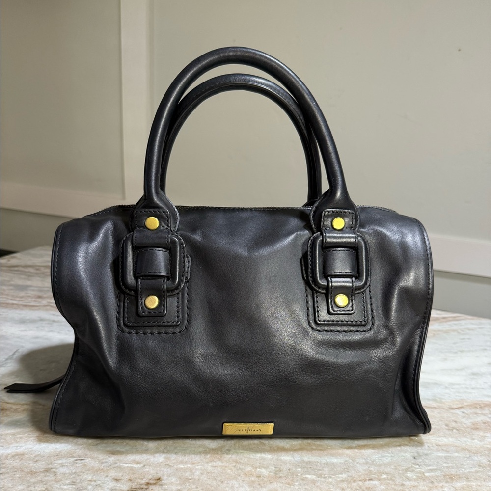 COLE HAN Black Leather Purse with Gold Accents